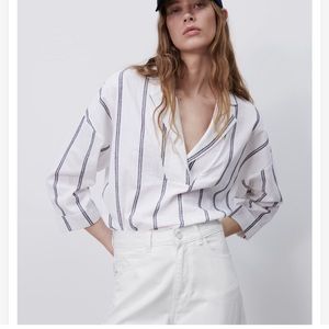 Zara - V-Neck 3/4 Sleeved Stripped Cotton Shirt